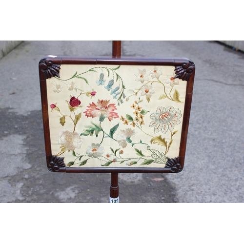 109 - Mahogany pole-screen with floral embroidery