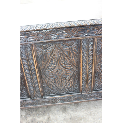 91 - Antique carved Oak coffer of small proportions, likely 18th century