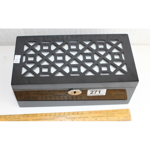 271 - A modern black wooden and mirrored jewellery box with key