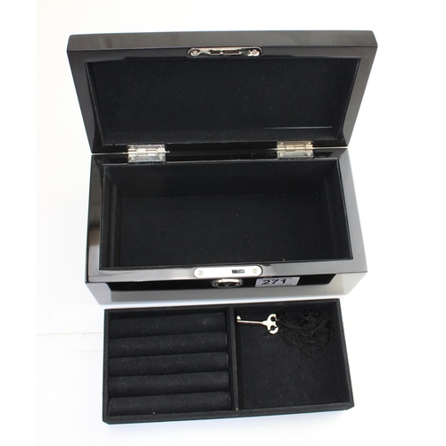 271 - A modern black wooden and mirrored jewellery box with key