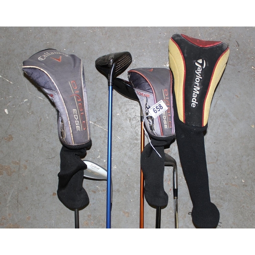 658 - Qty of assorted graphite shafted drivers and woods, Vokey wedge etc
