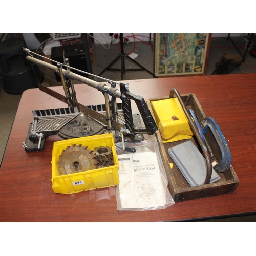 834 - Qty of mixed tools to inc G-Clamps, mitre saw etc