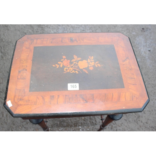 165 - A Victorian mahogany sewing table with turned legs and a floral marquetry inlaid top