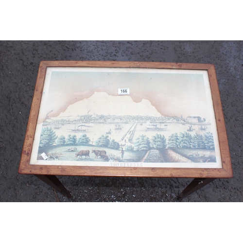 166 - A vintage glass topped table with inlaid antique print of Sønderborg