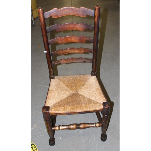 116 - Oak refectory table with five ladderback rush seated chairs