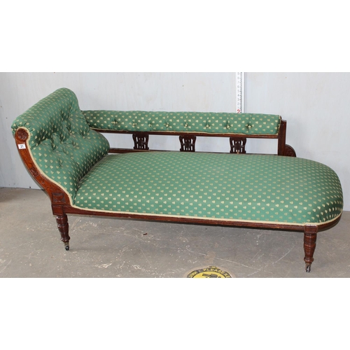 21 - Victorian Chaises Longue with carved and pierced details and green upholstery