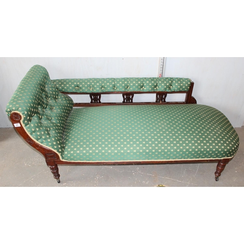 21 - Victorian Chaises Longue with carved and pierced details and green upholstery