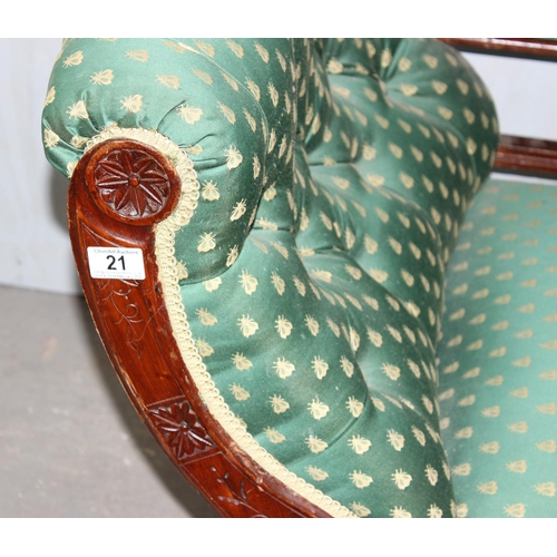 21 - Victorian Chaises Longue with carved and pierced details and green upholstery