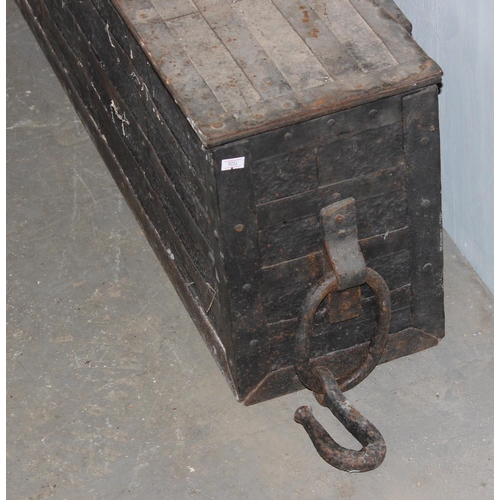 60 - A large antique metal bound strong box or chest of Armada chest type but likely 19th century