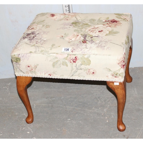 136 - Vintage stool on cabriole legs with floral fabric