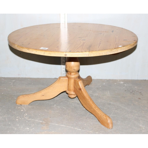 145 - Round pine coffee table with tripod base