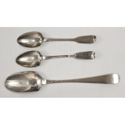 1105 - A large George II or III period silver serving spoon, London 1736 or 1776, and 2 Georgian silver tea... 