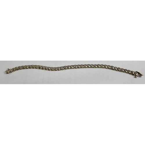 1201 - 9ct gold & diamond tennis bracelet, small diamonds set within an unusual crescent moon shaped settin... 