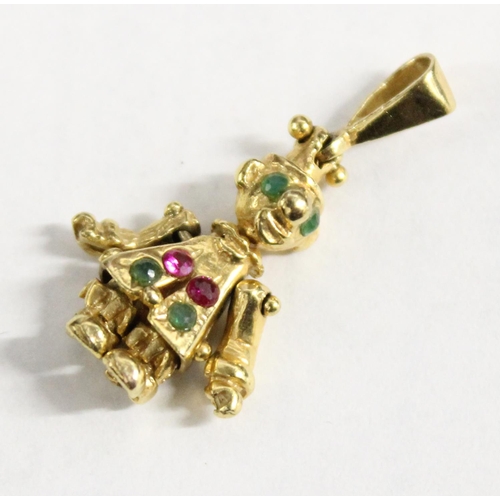 1205 - 9ct gold charm formed as a clown, set with green & pink stones, articulated arms and legs, approx 3.... 