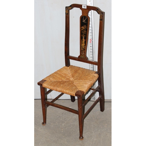 106 - An early 20th century Arts & Crafts rush seated bedroom chair with unusual Chinoiserie decorations