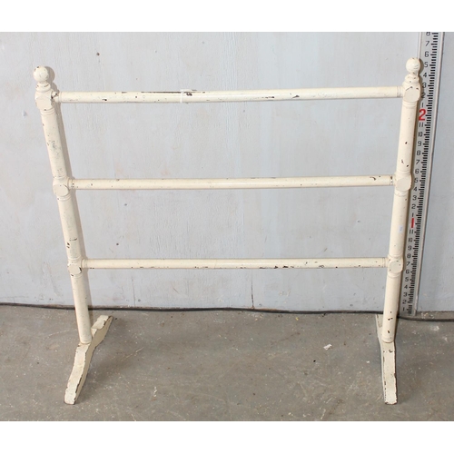 112 - Antique painted wooden towel rail and 2 vintage painted wooden wall shelves