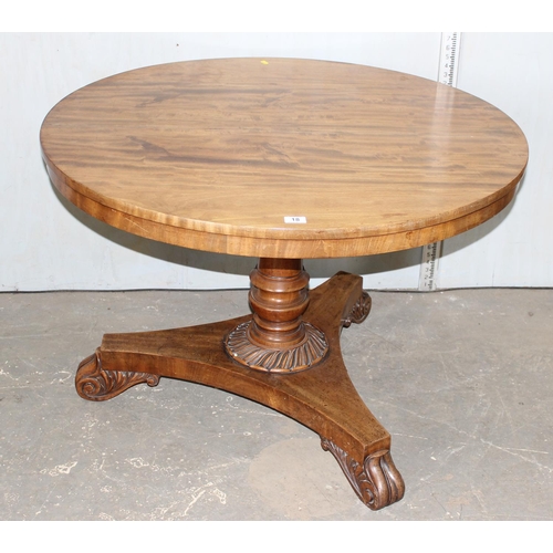 18 - Mahogany round tilt top breakfast table on carved pedestal