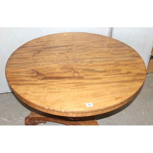 18 - Mahogany round tilt top breakfast table on carved pedestal