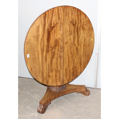 18 - Mahogany round tilt top breakfast table on carved pedestal