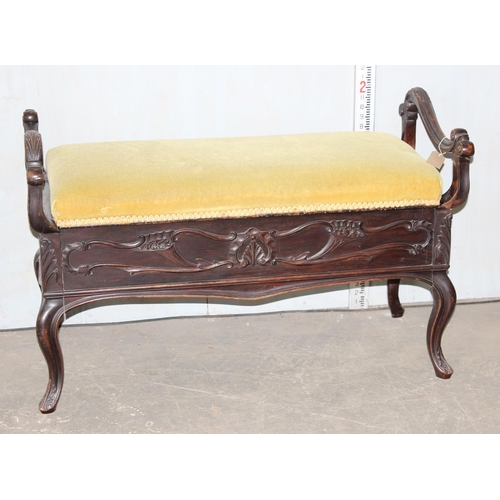 26 - A Victorian carved mahogany duet piano stool in the Art Nouveau taste and gold coloured upholstery