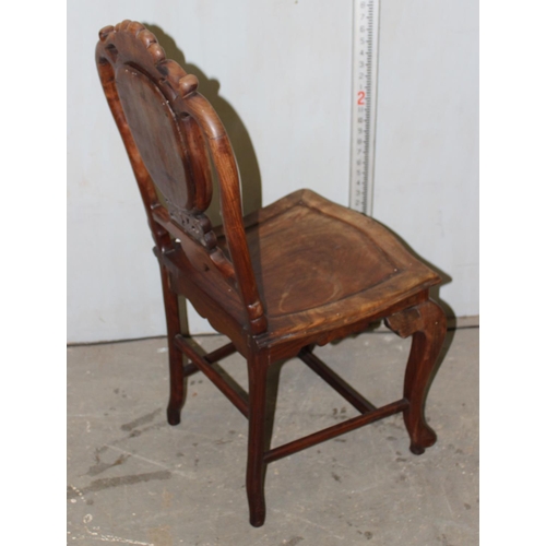 57 - Unusual Chinese hardwood (possibly Huanghuali) chair with carved details and the back panel inlaid w... 