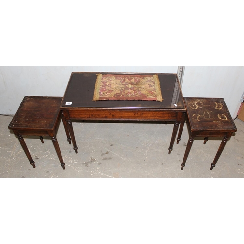 60 - Vintage glass topped coffee table with two smaller tables, the larger having a drawer also cloth pan... 