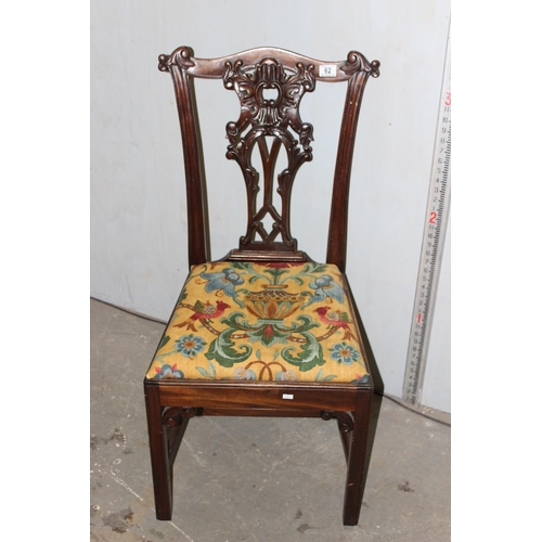 62 - Antique Chippendale style Mahogany chair with ornate back and tapestry seat