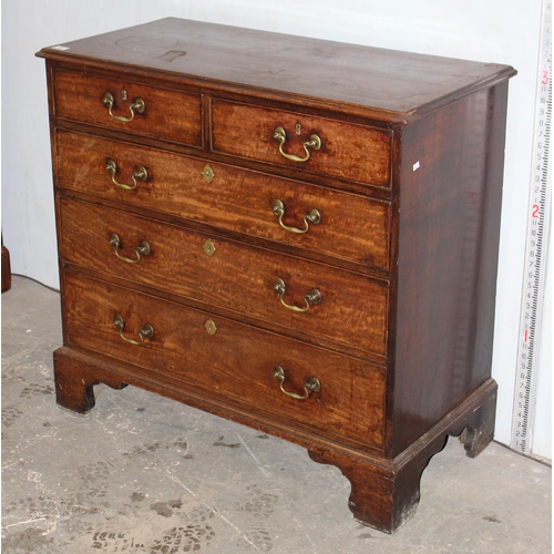 63 - Antique 2 over 3 Mahogany chest of drawers on bracket feet with brass drop handles