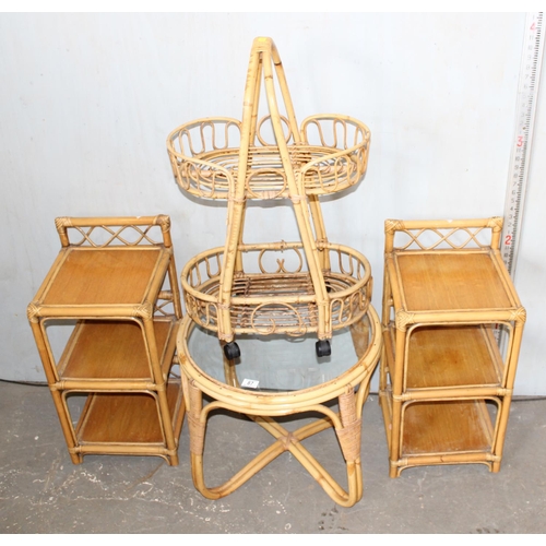 87 - Bamboo & glass table, a pair of similar stands and a vegetable rack (4)