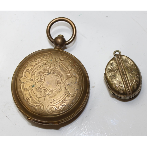 1405 - An antique gold plated fob watch and a gold plated locket