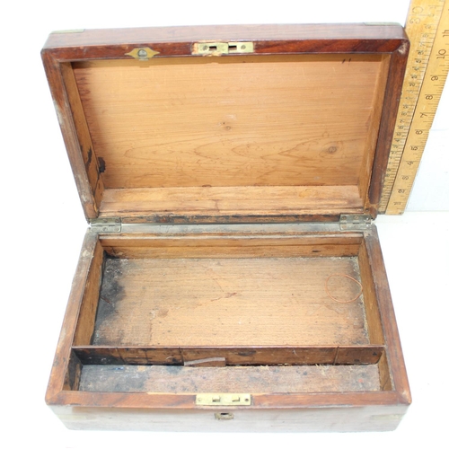 277 - An antique Mahogany brass cornered writing slope, lacking interior and an old small leather suitcase