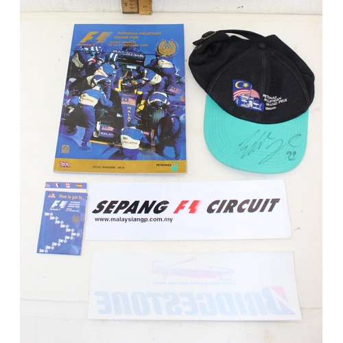 753 - Qty of 1999 Malaysian Grand Prix related items and ephemera to inc a signed cap (believed to be Eddi... 