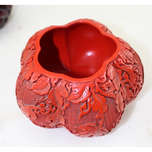 1609 - A Cinnabar lacquer type lidded pot formed as a gourd, on stand, likely 20th century