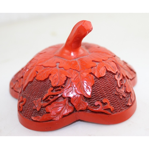 1609 - A Cinnabar lacquer type lidded pot formed as a gourd, on stand, likely 20th century