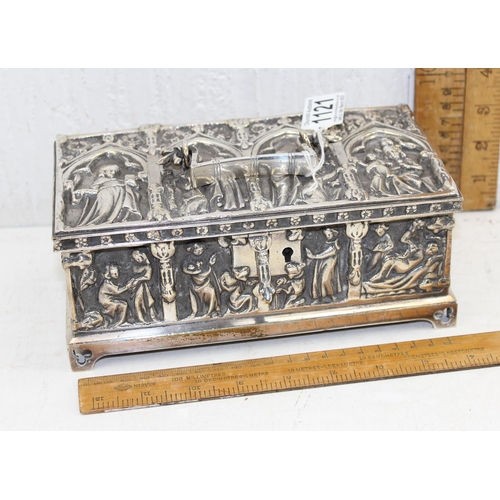 1121 - A late Victorian silver plated casket in the Gothic manner, stamped 'Fisher 188 Strand', approx 15 c... 