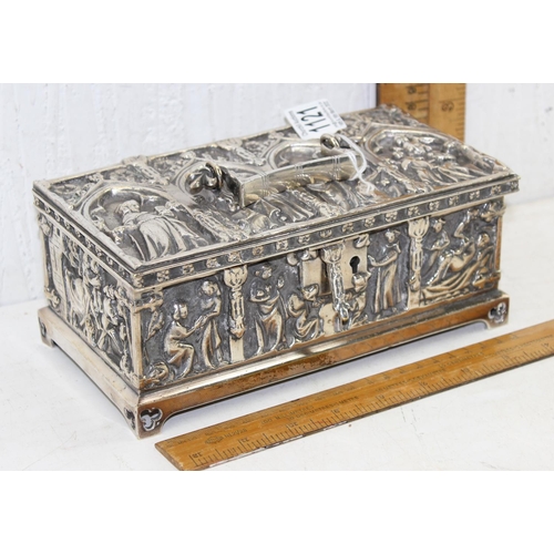 1121 - A late Victorian silver plated casket in the Gothic manner, stamped 'Fisher 188 Strand', approx 15 c... 