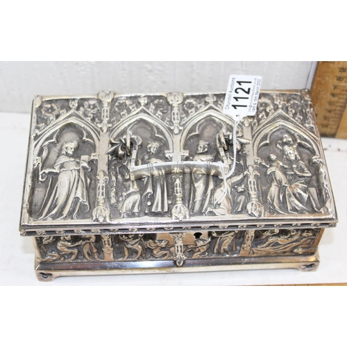 1121 - A late Victorian silver plated casket in the Gothic manner, stamped 'Fisher 188 Strand', approx 15 c... 