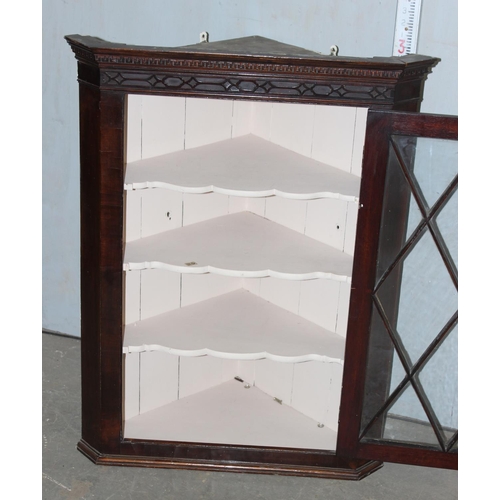 131 - Antique glazed wall cabinet with internal painted shelves and key