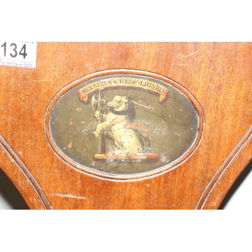 134 - Antique mahogany hall chair with hand painted armorial for the Clarke family of Surrey, Moenibus Cre... 