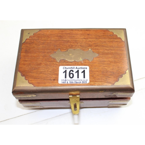 1611 - Wooden box of curios to inc watches, WW2 medal, etc