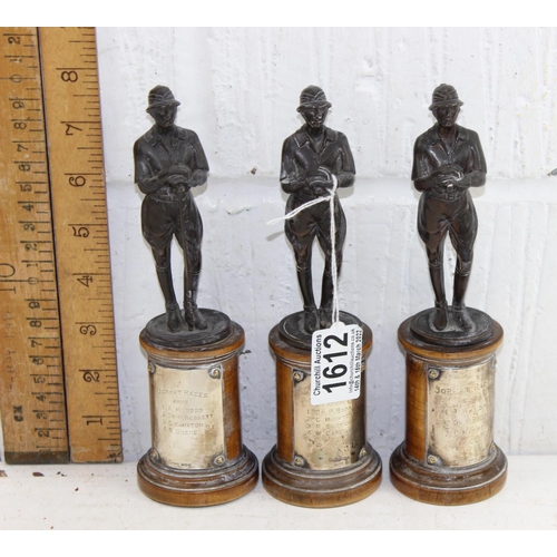 1612 - 3 bronze trophies of Polo players c.1930, the silver plaques applied to the turned wooden bases all ... 