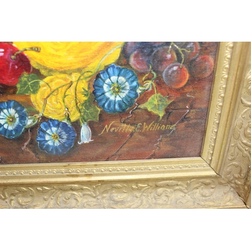 457 - Neville Williams (XX), Floral still life framed oil on canvas signed, approx 56cm x 46cm, exhibited ... 