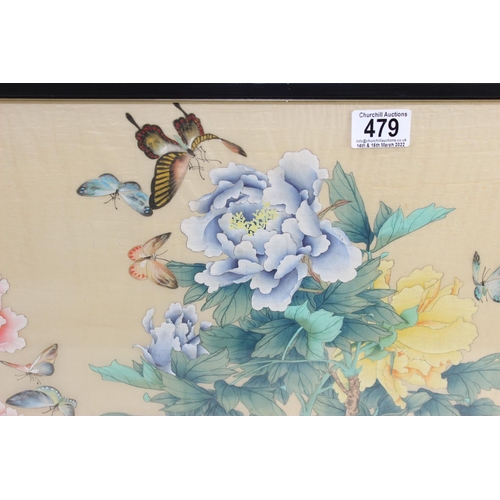 479 - Japanese silk picture depicting butterflies and flowers, signed upper left