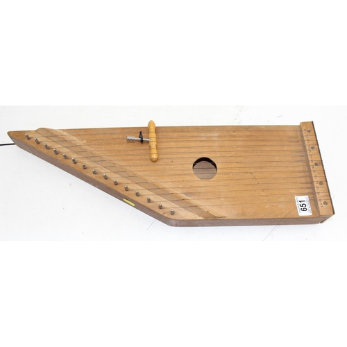 651 - Vintage wooden zither harp with key