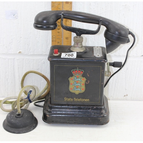 700 - An antique Stats-Telefonen hand crank desk telephone with metal body and Bakelite receiver