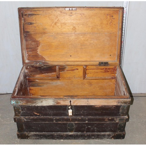 162 - An antique wooden trunk or strong box, with interesting original key, likely 19th century