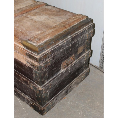 162 - An antique wooden trunk or strong box, with interesting original key, likely 19th century