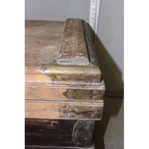 162 - An antique wooden trunk or strong box, with interesting original key, likely 19th century