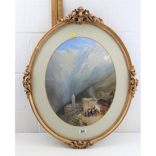 490 - An antique gilt framed watercolour depicting a mountain scene, seemingly unsigned, impressive decora... 