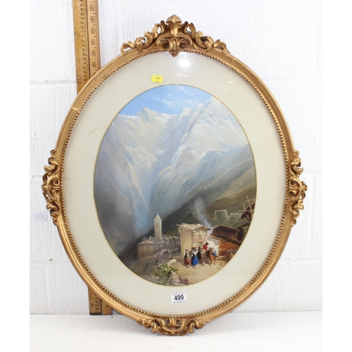 490 - An antique gilt framed watercolour depicting a mountain scene, seemingly unsigned, impressive decora... 